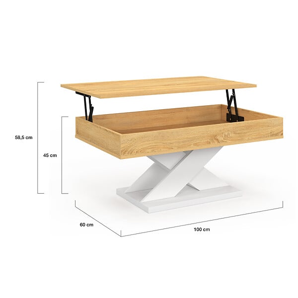 ID MARKET - Table basse rectangulaire plateau relevable ALICIA bois et pied blanc - large