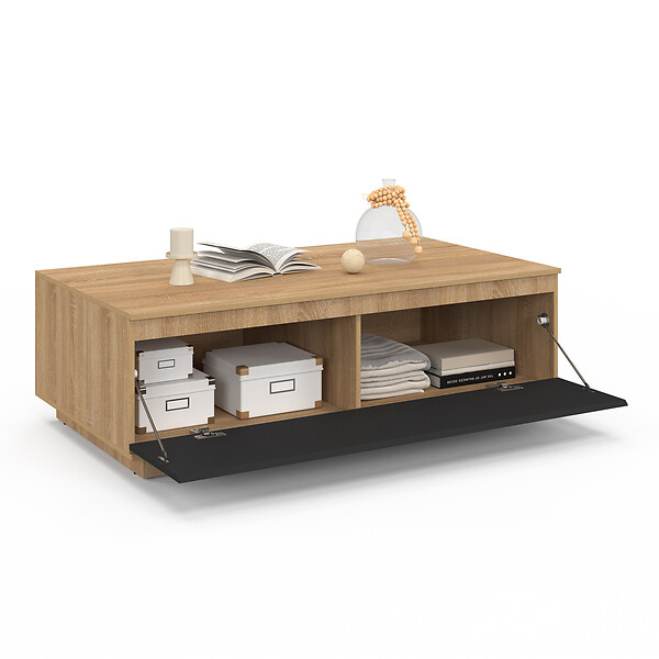 ID MARKET - Table basse TOMI 110 cm avec porte façon hêtre et noir - large