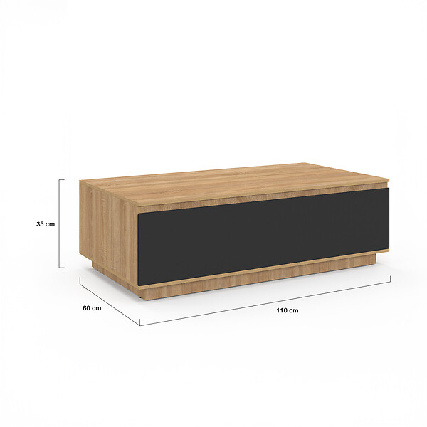 ID MARKET - Table basse TOMI 110 cm avec porte façon hêtre et noir - large