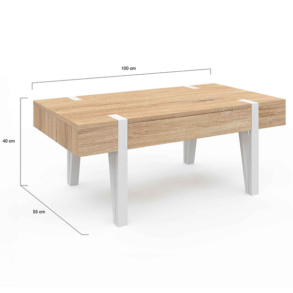 ID MARKET - Table basse 1 tiroir AUSTRIA bois pied épingle blanc - large