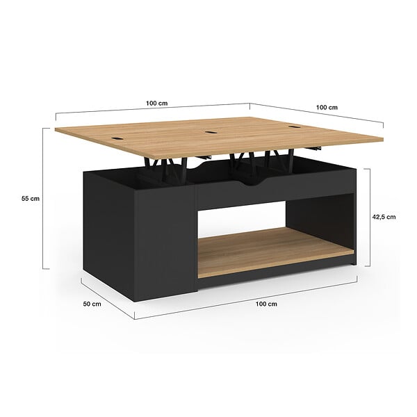 ID MARKET - Table basse plateau relevable rectangulaire convertible en table à manger ELEA 100 cm bois noir et façon hêtre - large