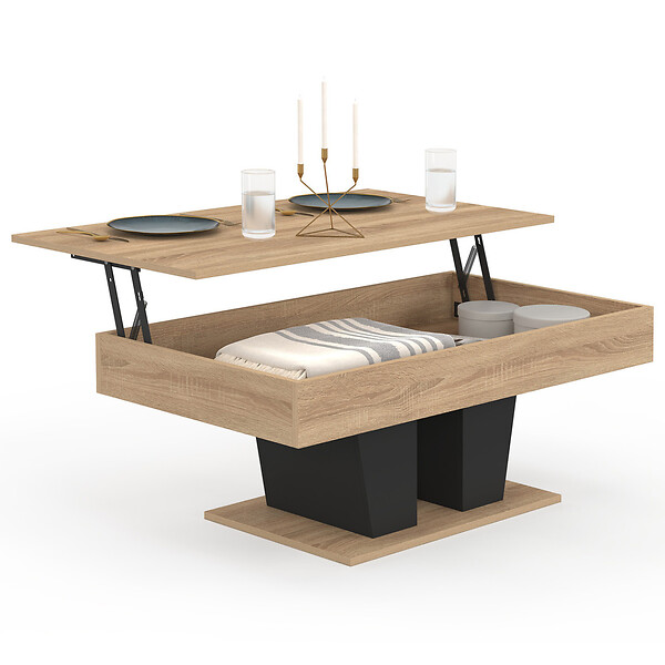 ID MARKET - Table basse plateau relevable rectangulaire ELIAD bois et noir - large