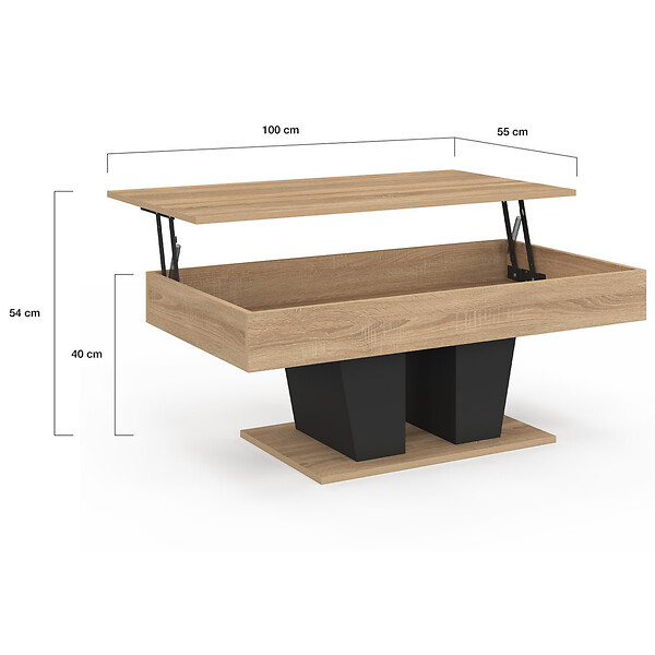 ID MARKET - Table basse plateau relevable rectangulaire ELIAD bois et noir - large