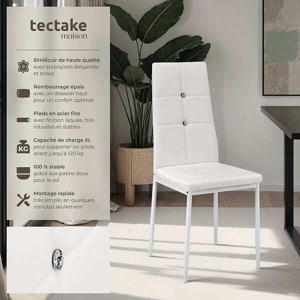 TECTAKE - Ensemble 4 chaises de salle à manger aspect cuir avec paillettes blanc - large