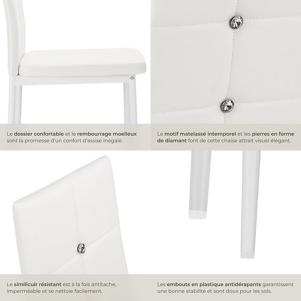 TECTAKE - Ensemble 4 chaises de salle à manger aspect cuir avec paillettes blanc - large