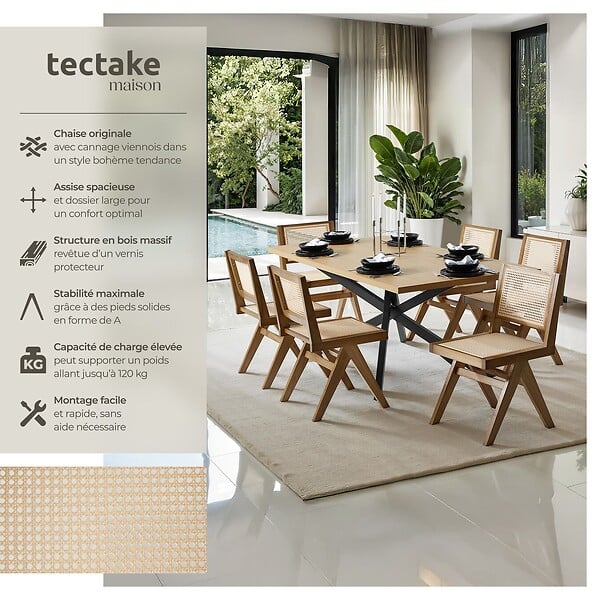 TECTAKE - Chaise en bois avec cannage viennois design boho chêne clair - large