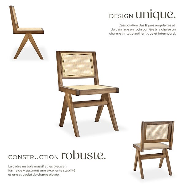 TECTAKE - Chaise en bois avec cannage viennois design boho chêne clair - large