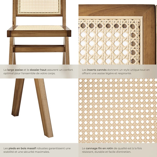 TECTAKE - Chaise en bois avec cannage viennois design boho chêne clair - large