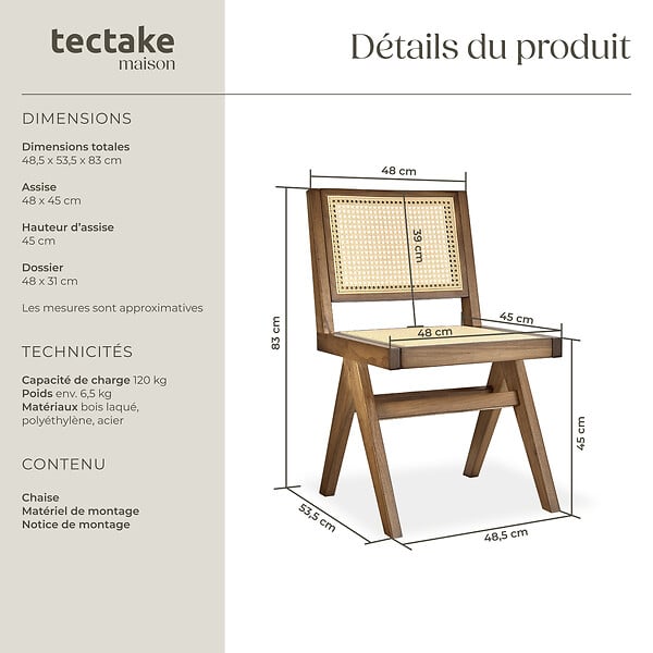 TECTAKE - Chaise en bois avec cannage viennois design boho chêne clair - large