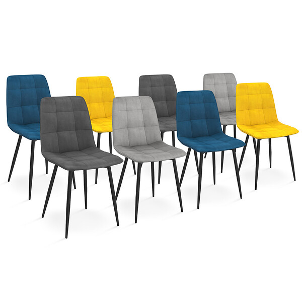 ID MARKET - Lot de 8 chaises MILA en velours mix color bleu x2, gris foncé x2, gris clair x2, jaune x2 - large