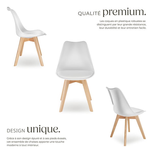 TECTAKE - Lot 4 chaises salle à manger style scandinave forme ergonomique blanc - large