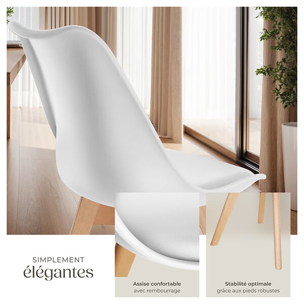 TECTAKE - Lot 4 chaises salle à manger style scandinave forme ergonomique blanc - large
