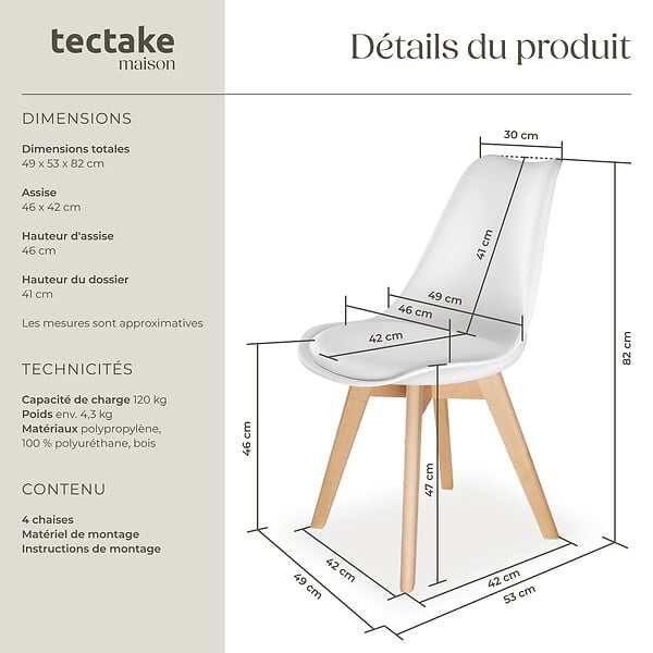 TECTAKE - Lot 4 chaises salle à manger style scandinave forme ergonomique blanc - large