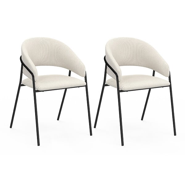 ID MARKET - Lot de 2 chaises de salle à manger VINI en velours côtelé beige dossier arrondi et pieds métal noir - large