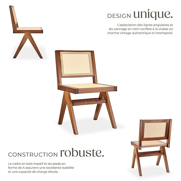 TECTAKE - Lot 6 chaises en bois avec cannage viennois design boho chêne foncé - large