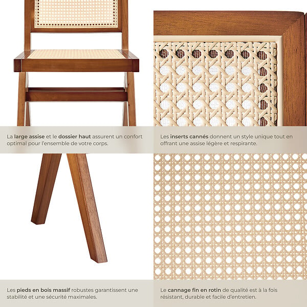 TECTAKE - Lot 6 chaises en bois avec cannage viennois design boho chêne foncé - large