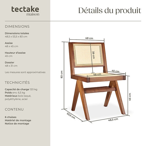 TECTAKE - Lot 6 chaises en bois avec cannage viennois design boho chêne foncé - large