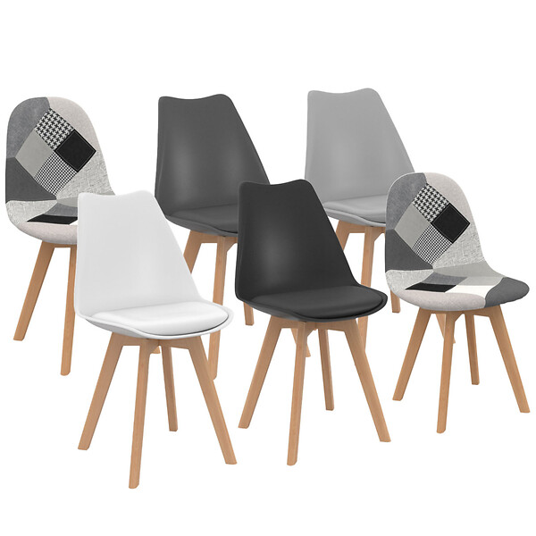 ID MARKET - Lot de 6 chaises scandinaves SARA gris foncé, gris clair, blanc, noir et patchworks noirs, gris et blancs - large