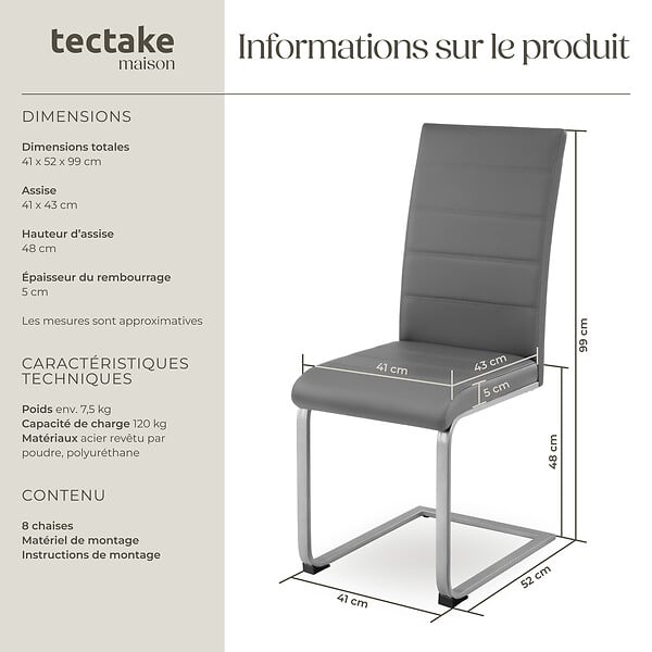 TECTAKE - Lot de 8 chaises Rembourrées avec en cuir synthétique ergonomique gris - large