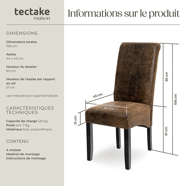 TECTAKE - Ensemble 4 chaises de salle à manger aspect cuir marron foncé - large
