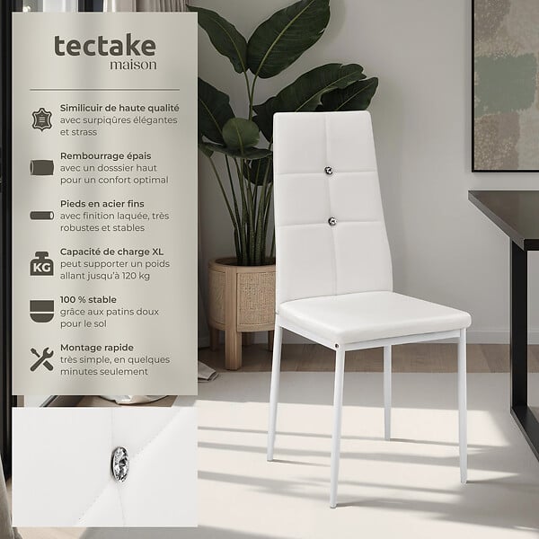TECTAKE - Lot de 8 chaises avec strass avec revêtement en cuir synthétique blanc - large