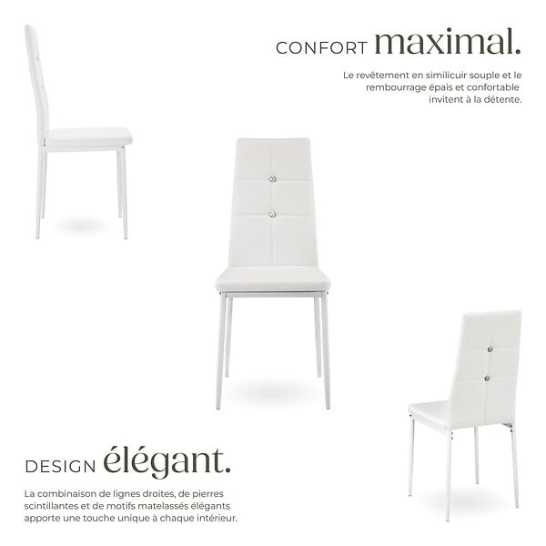 TECTAKE - Lot de 8 chaises avec strass avec revêtement en cuir synthétique blanc - large