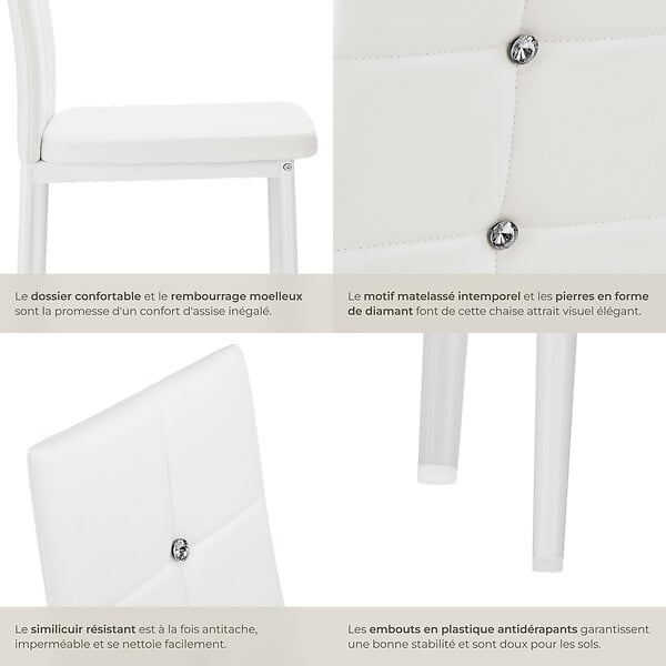 TECTAKE - Lot de 8 chaises avec strass avec revêtement en cuir synthétique blanc - large