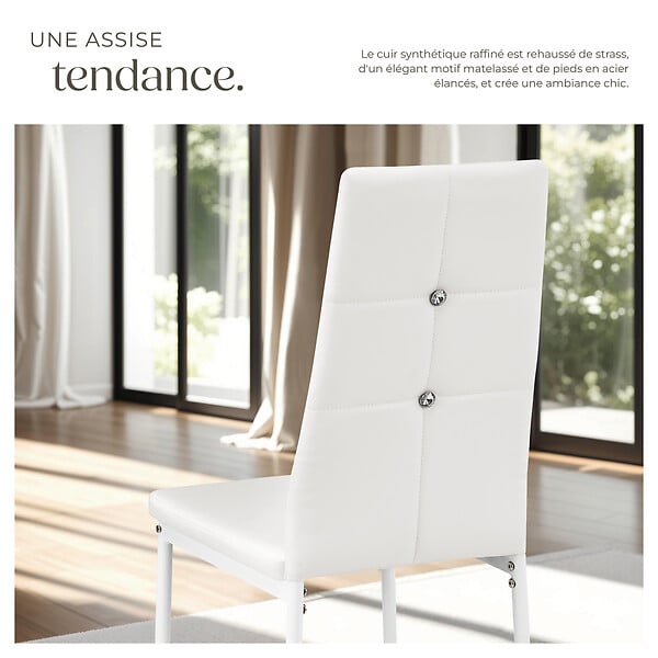 TECTAKE - Lot de 8 chaises avec strass avec revêtement en cuir synthétique blanc - large