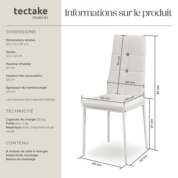 TECTAKE - Lot de 8 chaises avec strass avec revêtement en cuir synthétique blanc - large