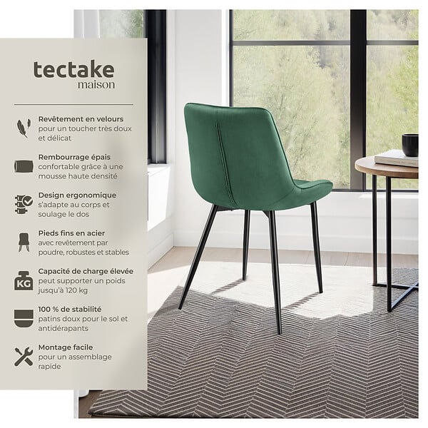 TECTAKE - Lot de 8 chaises Rembourrées aspect velours Ergonomique vert foncé - large