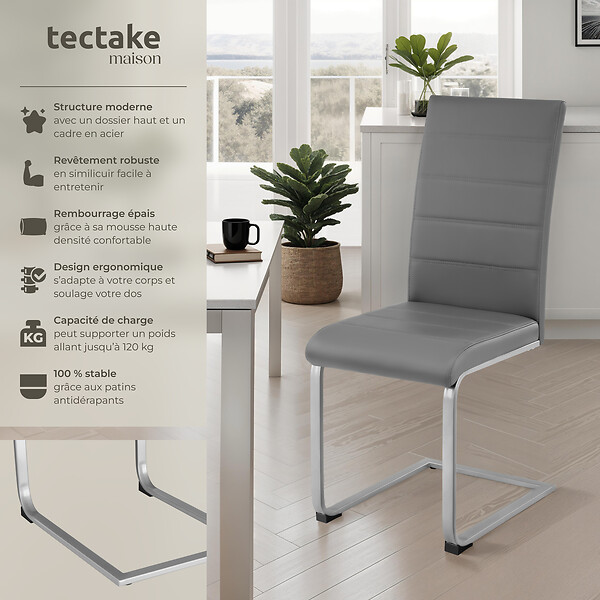 TECTAKE - Ensemble 4 chaises de salle à manger aspect cuir ergonomique gris - large