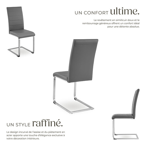 TECTAKE - Ensemble 4 chaises de salle à manger aspect cuir ergonomique gris - large