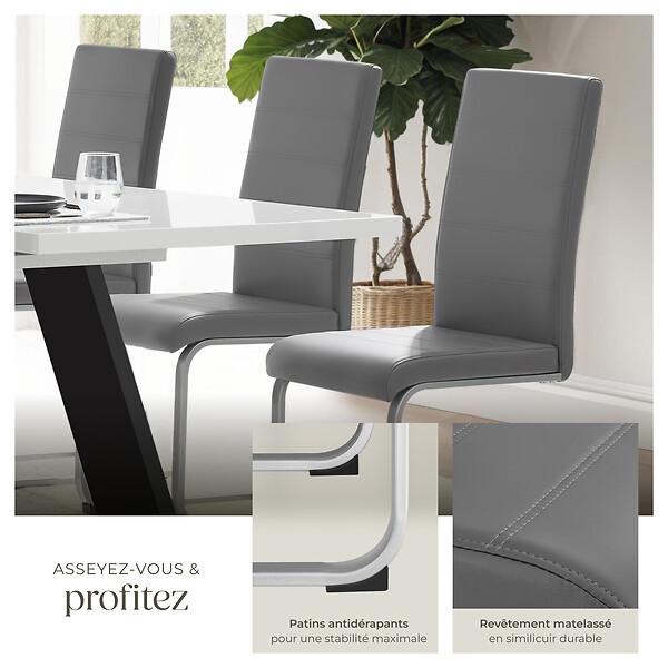 TECTAKE - Ensemble 4 chaises de salle à manger aspect cuir ergonomique gris - large