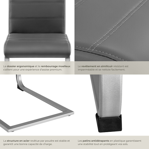 TECTAKE - Ensemble 4 chaises de salle à manger aspect cuir ergonomique gris - large