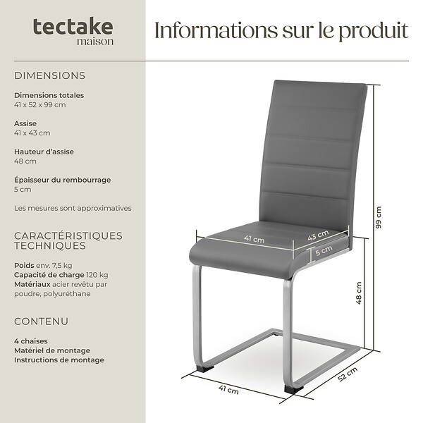 TECTAKE - Ensemble 4 chaises de salle à manger aspect cuir ergonomique gris - large