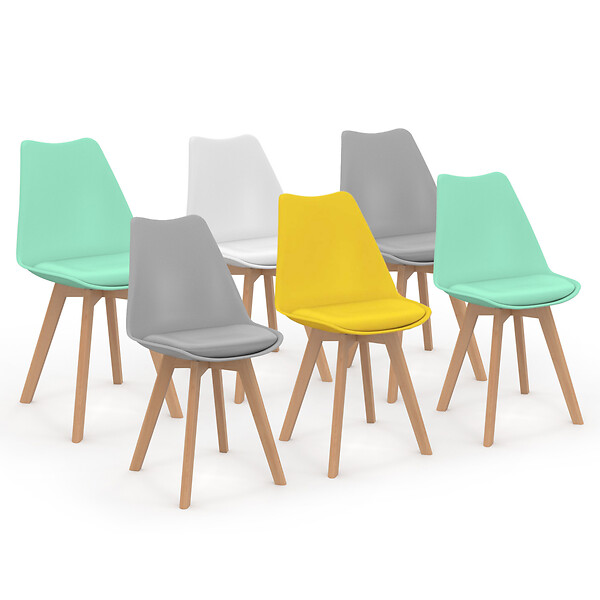 ID MARKET - Lot de 6 chaises scandinaves SARA mix color pastel jaune, blanc, gris clair x2, vert mentholé x2 - large