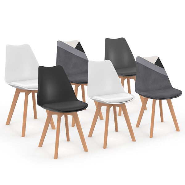 ID MARKET - Lot de 6 chaises scandinaves SARA gris foncé, blanc, noir et velours patchworks noir, gris et blanc - large