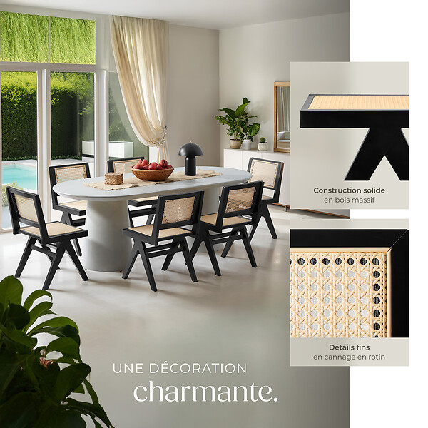 TECTAKE - Lot de 4 chaises en bois avec cannage viennois design boho noir - large