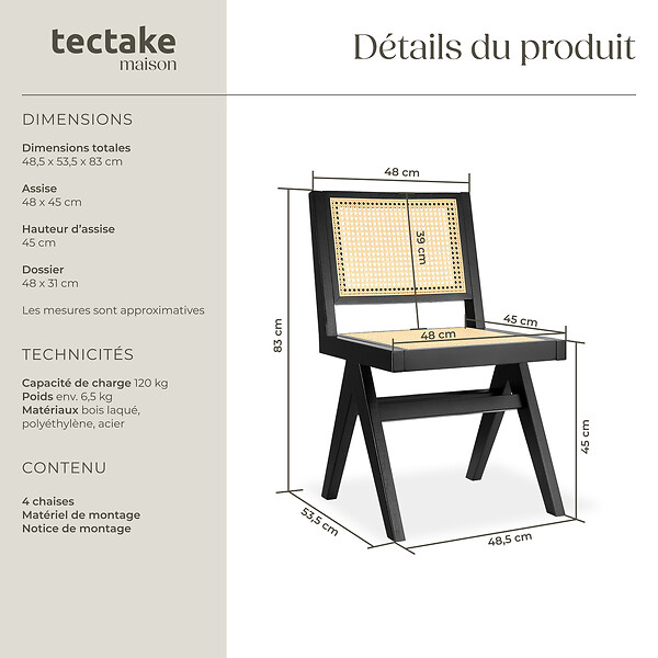 TECTAKE - Lot de 4 chaises en bois avec cannage viennois design boho noir - large