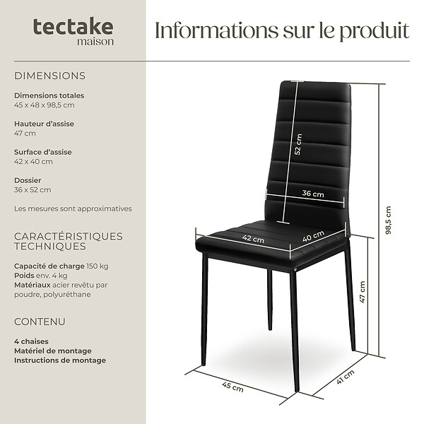 TECTAKE - Ensemble 4 chaises de salle à manger aspect cuir ergonomique noir - large
