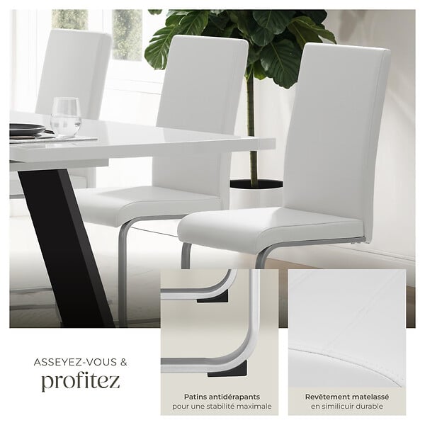 TECTAKE - Ensemble 4 chaises ergonomiques de salle à manger aspect cuir blanc - large