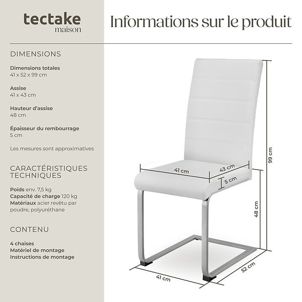 TECTAKE - Ensemble 4 chaises ergonomiques de salle à manger aspect cuir blanc - large