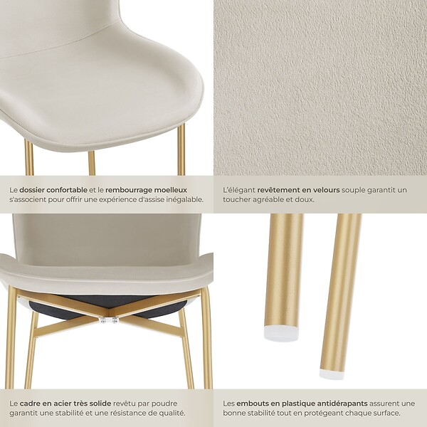 TECTAKE - Chaise rembourrée aspect velours forme ergonomique dossier haut beige - large