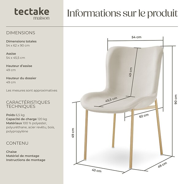 TECTAKE - Chaise rembourrée aspect velours forme ergonomique dossier haut beige - large