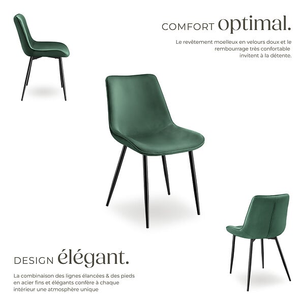 TECTAKE - Lot 2 chaises assise ergonomique rembourrée aspect velours vert - large