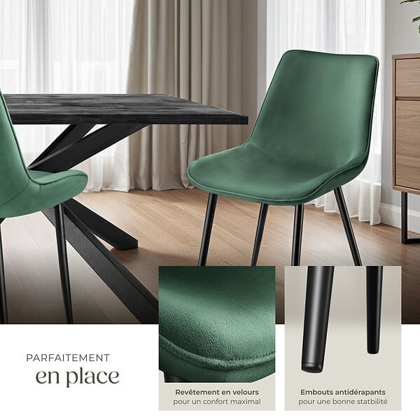 TECTAKE - Lot 2 chaises assise ergonomique rembourrée aspect velours vert - large