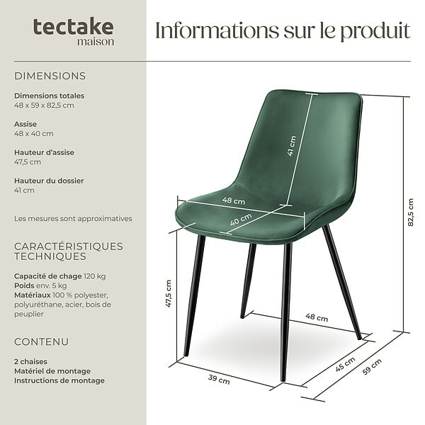 TECTAKE - Lot 2 chaises assise ergonomique rembourrée aspect velours vert - large