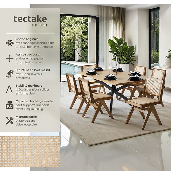 TECTAKE - Lot 4 chaises en bois avec cannage viennois design boho chêne clair - large