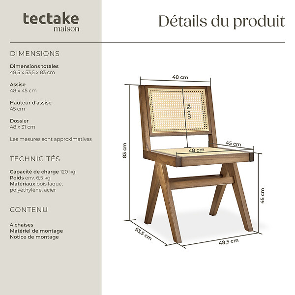 TECTAKE - Lot 4 chaises en bois avec cannage viennois design boho chêne clair - large