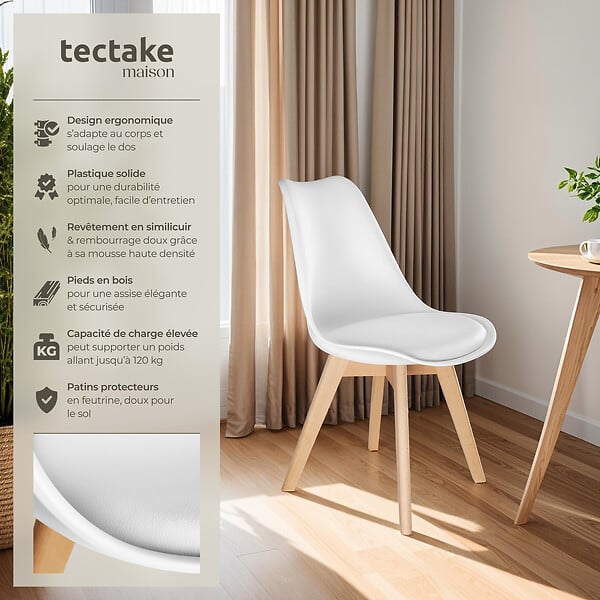 TECTAKE - Lot 2 chaises salle à manger style scandinave forme ergonomique blanc - large